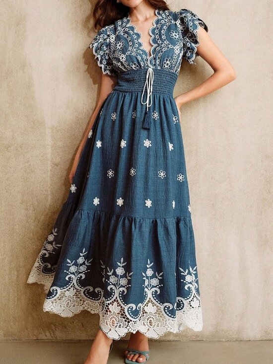 Dresses & Skirts - Blue Boho Women's Embroidered Lace Patchwork V-Neck Maxi Dress Short Sleeves